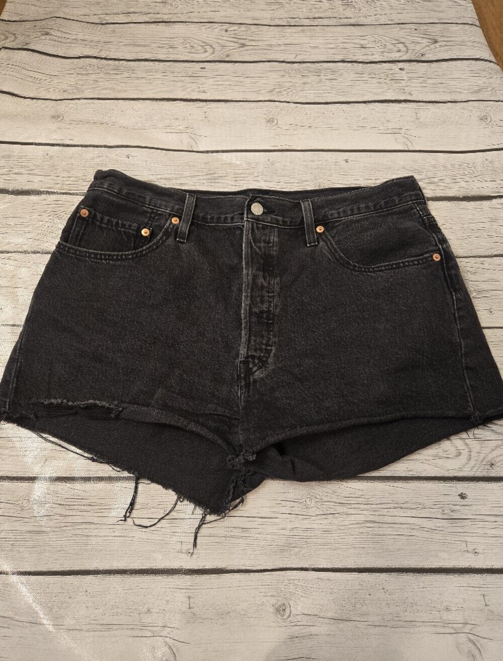 Levi's 501 Original Cut Off Denim Shorts Women's W33 Black Raw Hem Jean Shorts